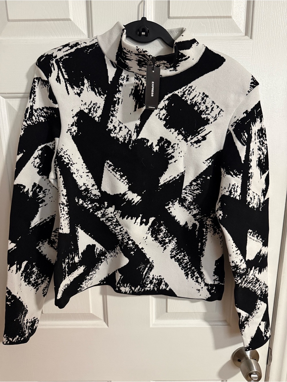 Black & White Abstract Print Mock Neck Sweater Top